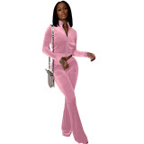 Autumn Winter Pink Velvet Sports Sweatshirt Crop Top and Trousers
