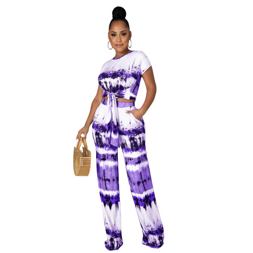 Casual Printed Tie-dye Bandage Two Piece Set with Wide-leg