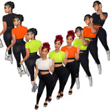 Fashion Color Matching Short Sleeve Crop Top Two Piece Pant Set