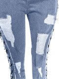 Women Eyelet Rope Elasticity Ripped Denim Trousers