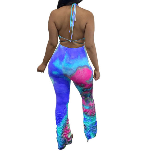 Casual Print Bandage Halter Crop Top and Stacked Trousers