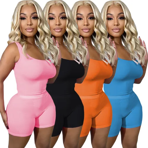 Fashion 2pcs Women Solid Sleeveless Pit Skinny Short Pants Set Outfits