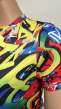 Fashion Graffiti Printed Round Neck Casual Two-piece Set
