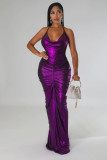 Solid Color Deep V Halter Stacked Maxi Dresses