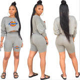 Casual O Neck Long Sleeve Sweatshirt Shorts Set with Pocket