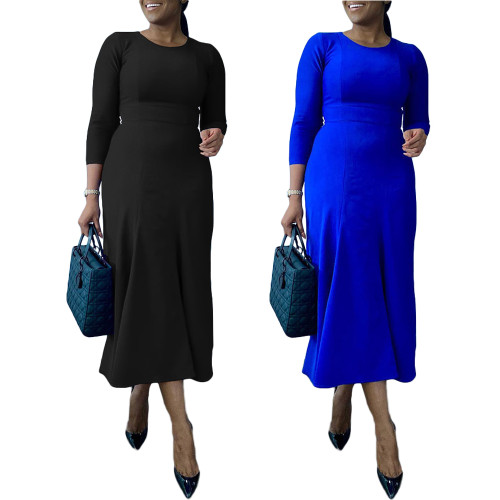 Spring Solid Color Round Neck Back Zipper Mid Dress