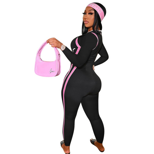 Casual Black Long Sleeve Positioning Print Jumpsuit