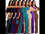 Women Slim Ruffle Off Shoulder Short Sleeve Solid Long Pants Jumpsuit with Belt