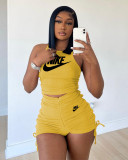 Yellow Ladies Pyrography Shirring Tank Top Shorts Casual Two Piece Set