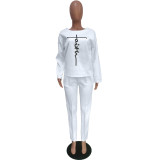 Winter Casual White Thickened Print Pant Set