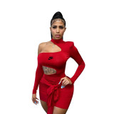 Sexy Hollow Halter Neck Ruffle Offset Printed Bodycon Dress