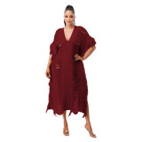 Solid Color Manual Knitted Sheer Fringed Dress