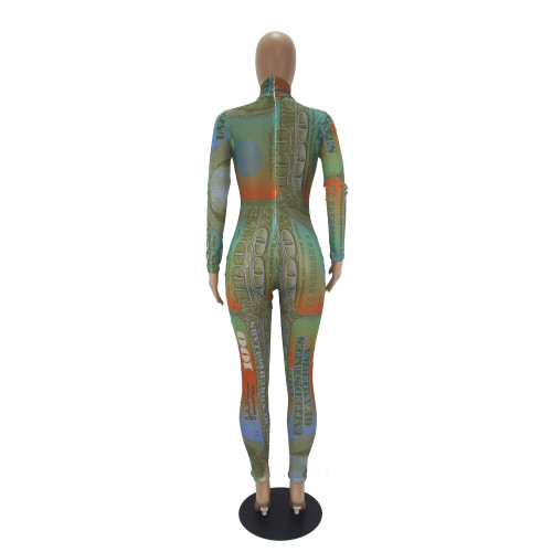 Sexy Long Sleeve Dollar Printed Mesh Jumpsuit