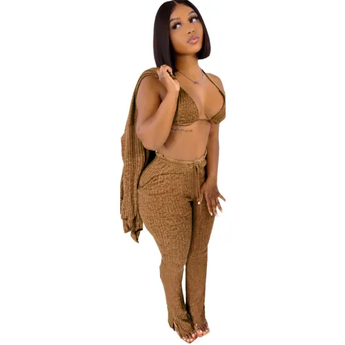 Women 3 Piece Sets Sexy Lingerie Lounge Wear Set Brown Pyjamas Female Nightwear Cardigan Sleepwear