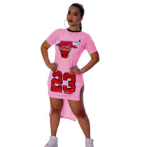 Casual Pattern Printed Short Sleeve Tuxedo Split Party Dress Basketball Cheerleaders