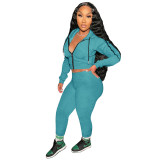 Autumn Solid Color Peacock Blue Hooded Sweatsuit Sportswear Pant Set