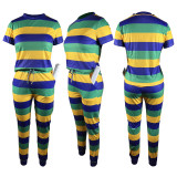 Casual Sweat-absorbing Striped Printed Round Neck Short Sleeve Trouser Set