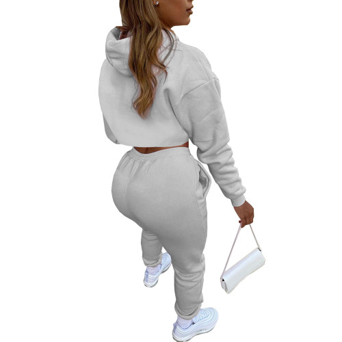 Light Gray Cotton Fleece Drawstring Jogging Tracksuit Hollow Hoodie Blouse Pants Set and Vest