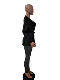 Black Sexy Solid Ripped See-through Turtleneck Long Sleeve Two Pieces Tracksuit Set