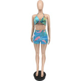 Women Three Piece Set Printed Bra Shorts with Long Sleeve Cardigan