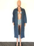 Loose Denim Trench Coat - Dark Wash with belt