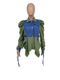 Double Collar Adjustable Tie Puff Long Sleeve Ruffle Denim Jacket