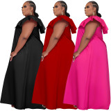 Solid Color Plus Size Woven Ruffled Sleeve V-neck Stitching Party Dress