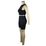 Black Solid Color Thread Pit Stitching Irregular Sports Shorts Set