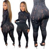 Black Sexy Solid Ripped See-through Turtleneck Long Sleeve Two Pieces Tracksuit Set