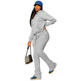 Casual Grey Sweatshirt Sports Drawstring Hoodie Stacked Two-piece Pants Set