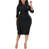 Plain Bandage Ruched Slant Neck Midi Dress