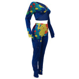 Women Colorful Ink-splash Print Crop Top Two Piece Outfits