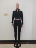 Solid Color Black Long Sleeve Sets Stacked Sweat Suits Women Pleated 2 Piece Set Clothing
