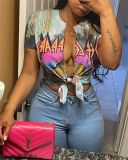 Casual Fashion Print Tassel Slit Short Sleeve Shirt Top