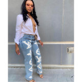 Casual Offset Printing Denim Trousers High Waist Blue Washed Jeans