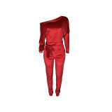 Bright Velvet Bat Sleeve Jumpsuit with Belt