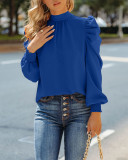 Women Bow Back Stand Neck Puff Long Sleeve Blouses Tops