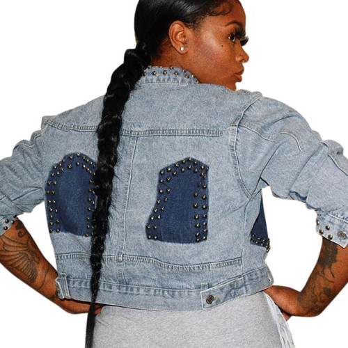 Color Block Short Beaded Denim Jacket