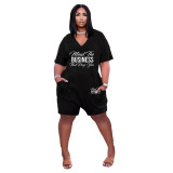 Black Women's V Neck Letter Print Loose Shorts Romper for Summer