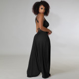 Black Casual Knitted Straps Backless Top & Pleated Harem Pants