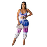 Fashion Pattern Printed Wrap Chest Trousers Suit