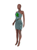 Wholesale Pale Green Print Halter Backless Pleated Skirt Set 2 Piece