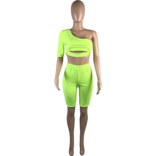 Solid Color One Shoulder Two-piece Set