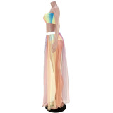 Sexy Printed Gradient Colorful Wrap Mesh Long Hakama Skirt Two Piece Set