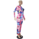 Casual Cartoon Print Home Wear Long Sleeve Pajamas Loungewear Women Sets