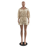 Solid Color Beige Convertible Collar Ruffled Short Romper
