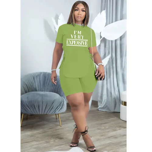 Casual Fruit Green Letter Print Slit Eyelet Lace Up O Neck Short Sleeve Tracksuit Shorts Set