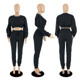 Autumn Winter Round Neck Loose Solid Color Crop Sweatshirt Pant Set