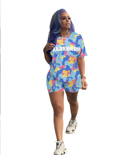 Casual Print Letter Shorts Set