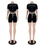 Casual Black Embroidered Letter Pocket Baseball Jersey set Single-breasted Tracksuit Shorts Two Pieces